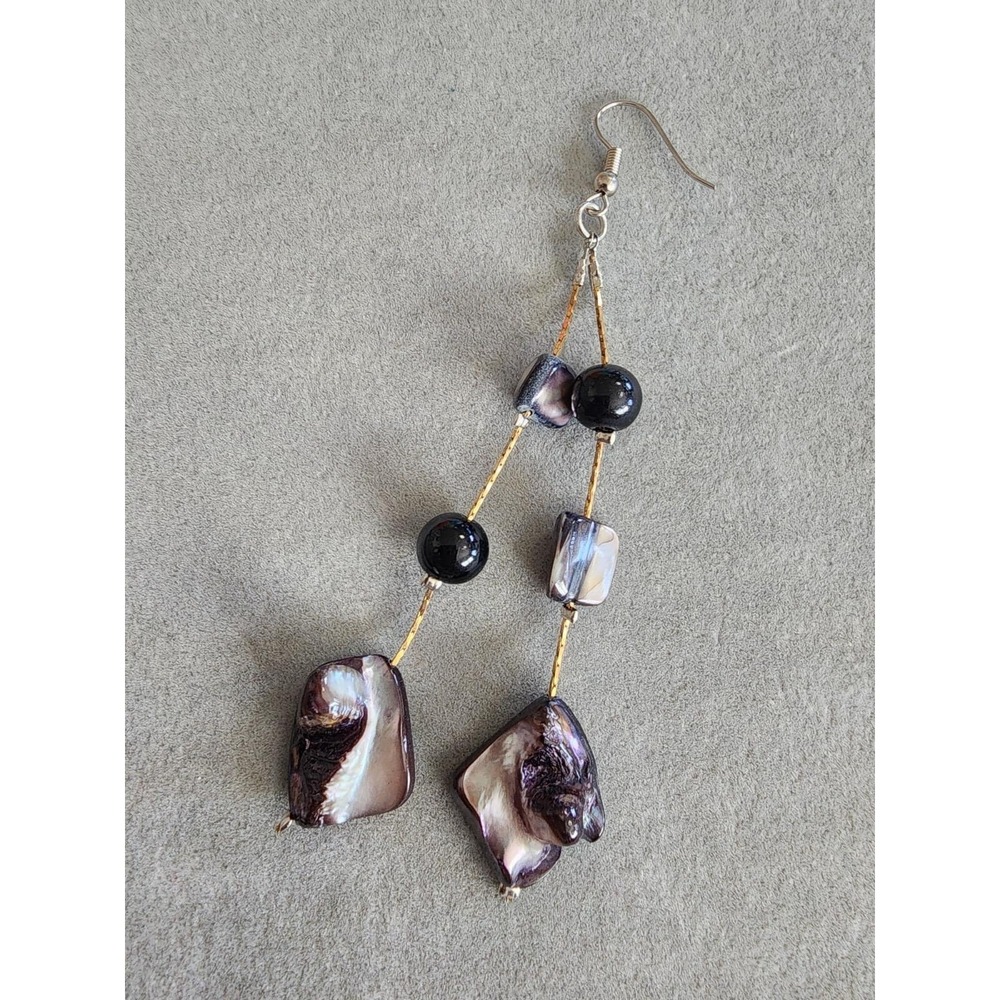 Abalone Shell Natural Chunk Dangle Earrings Mixed Metal Gold & Silver Tones - Picture 3 of 9